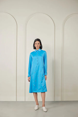 Blue Satin Shirt Dress For Cocktail Party