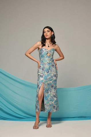 Blue Floral Midi Dress For Bachelor Party