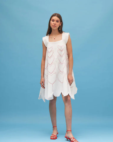 White Heart Embroidered Dress For Valentine’s Day