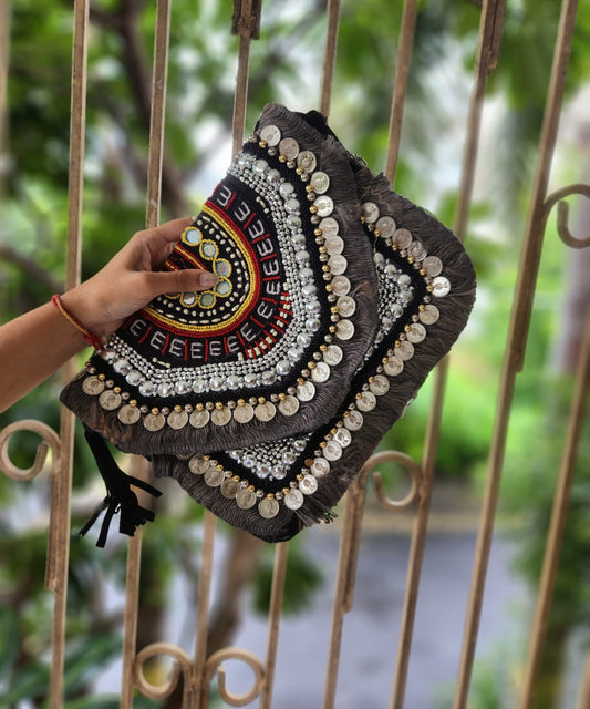 Black multicolor jute boho bag with fringe work