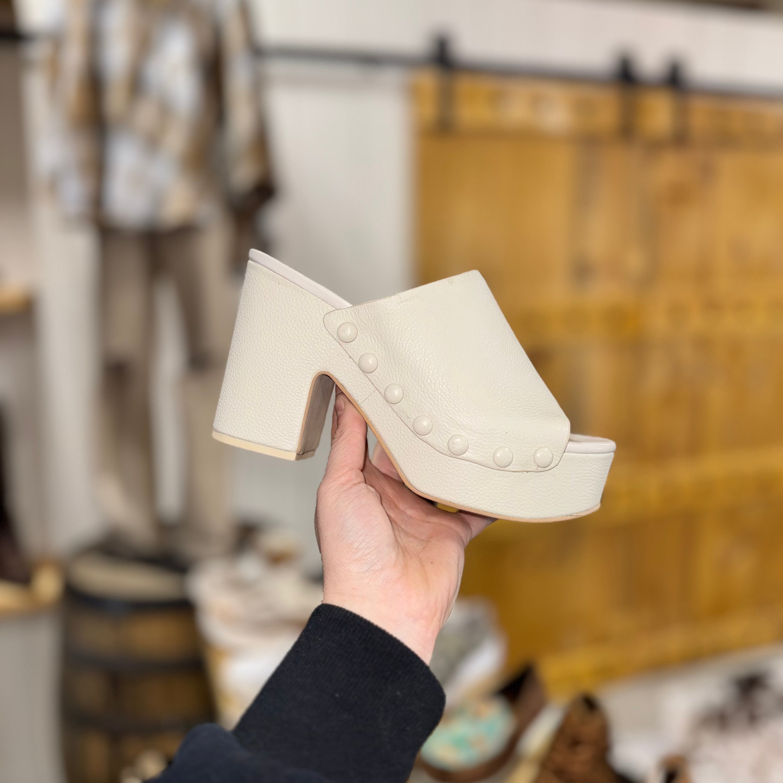 The Daci Leather Platform Button Studded Heels by Dolce Vita