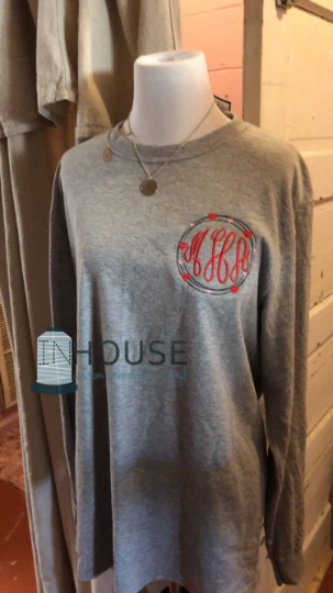 Custom Monogram Long Sleeve Comfort Colors Pocket Tee-Ice Blue with Silver Glitter Print