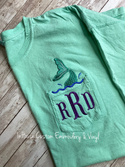 Custom Monogram Long Sleeve Comfort Colors Pocket Tee-Ice Blue with Silver Glitter Print