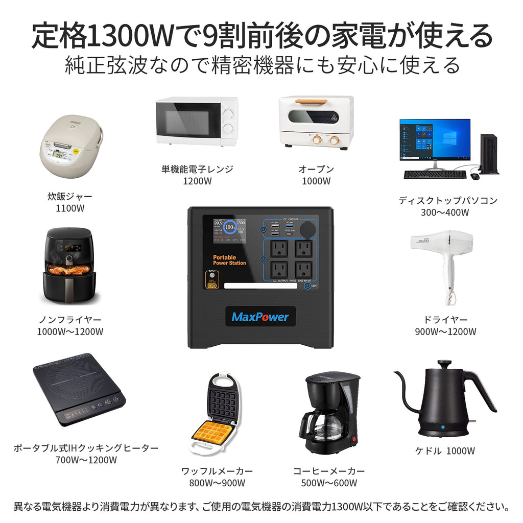 MaxPower ポータブル電源 MP1300 300W快速充電 国内企業サポート AC