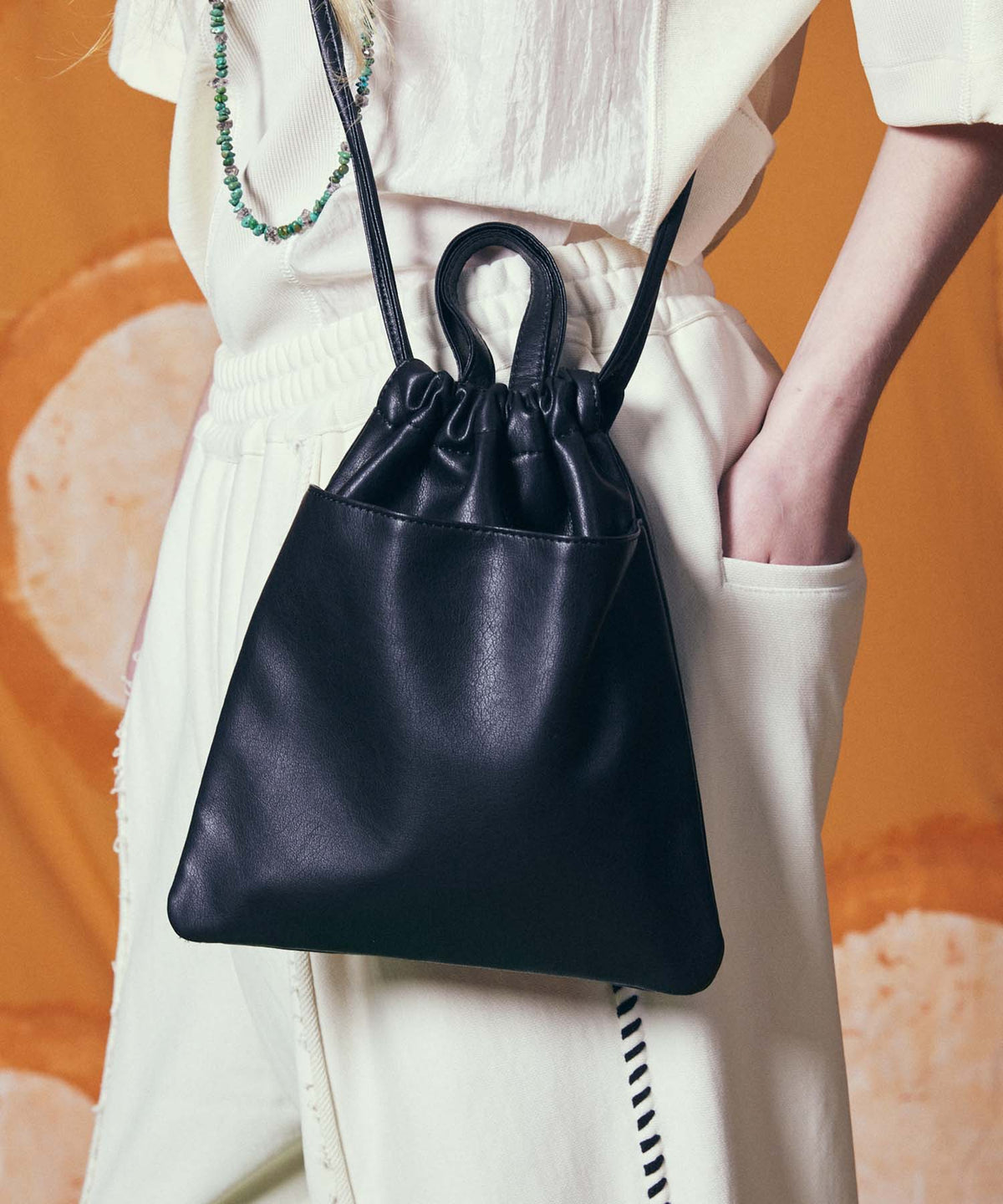 EX】Vegan Leather Effect Shoulder Drawstring Bag