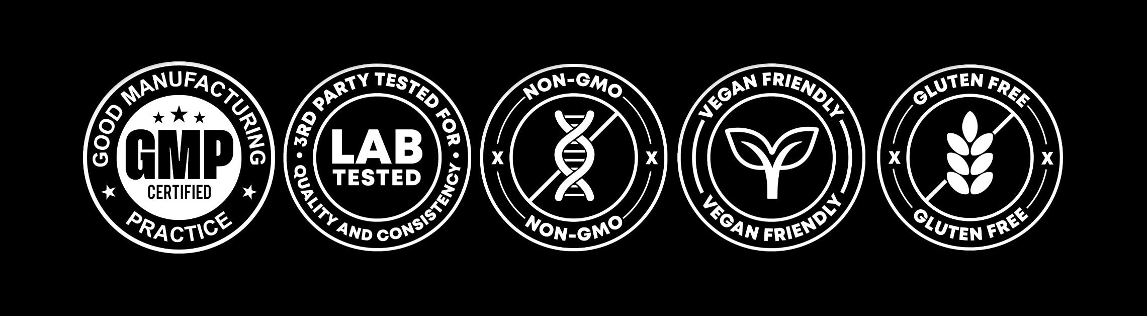 Five certification badges: GMP, lab tested, non-GMO, vegan, gluten-free.