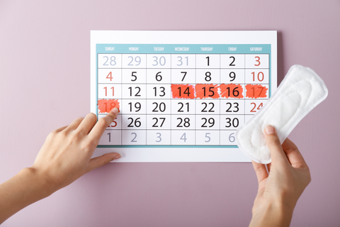 Calendar with red marks for periods