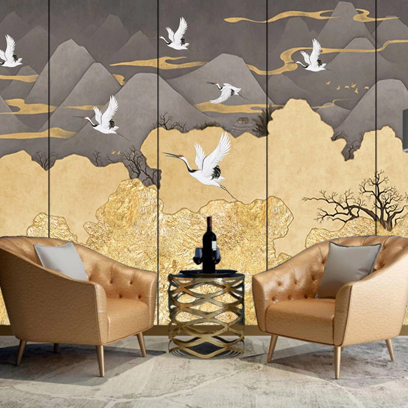 Product Image for Große Kran- und Berg-Wandtapete in Grau und Gelb aus Vliesstoff Wandkunst für das Schlafzimmer, maßgeschneidert, Grau-Gelb / 144" x 100"