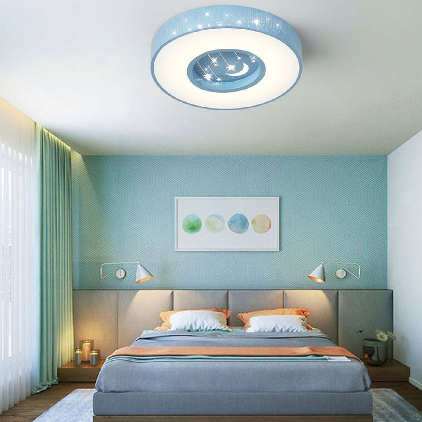 Product Image for Minimalistische Sternenhimmel Runde Kinder LED Deckenleuchte, Groß / 3 Farben Änderbar (Warm/Neutral/Weiß) / Blau