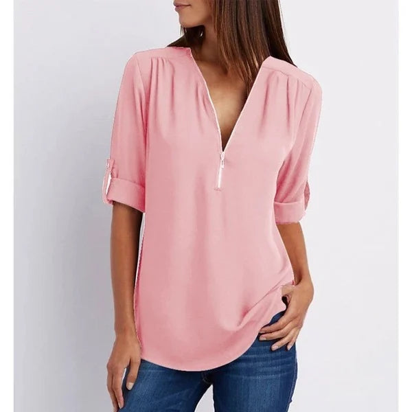 Product Image for Frendorf | Plus Größe Lose 3/4 Ärmel Reißverschluss Bluse, Rosa / S