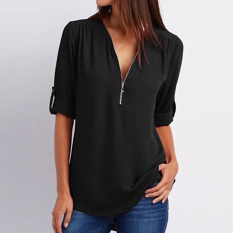 Product Image for Frendorf | Plus Größe Lose 3/4 Ärmel Reißverschluss Bluse, Schwarz / L