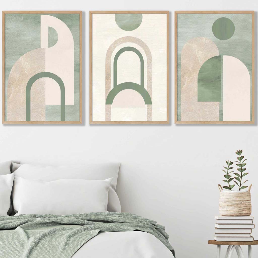 Product Image for Sage Green Boho Bögen Set aus 3 gerahmten Wandkunst, 42x59cm (A2) / Eiche