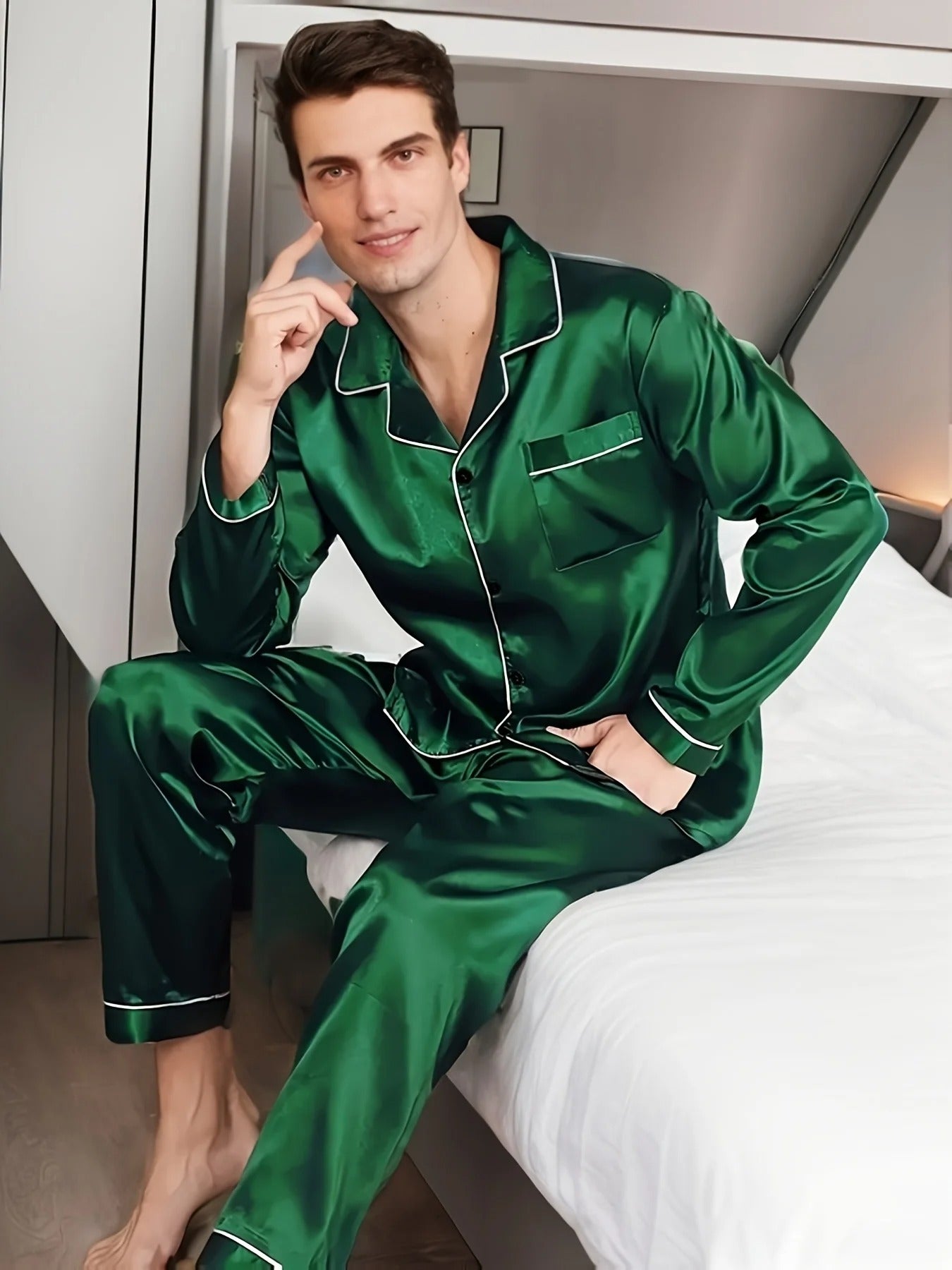 Product Image for Frendorf | Nachtprestige Luxus Herren Pyjama | Elegante Nachtwäsche | Bequem & Atmungsaktiv | Für erholsamen Schlaf, Grün / S