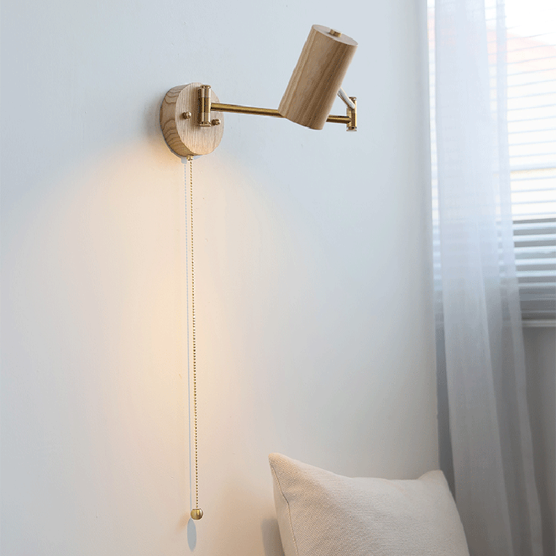 Product Image for Traditionelle Japanische Zylinder Schwenkarm Einstellbare Runde Holz Eisen 1-Licht Wand Sconce Lampe Für Schlafzimmer, Original Holzfarbe / Mit 