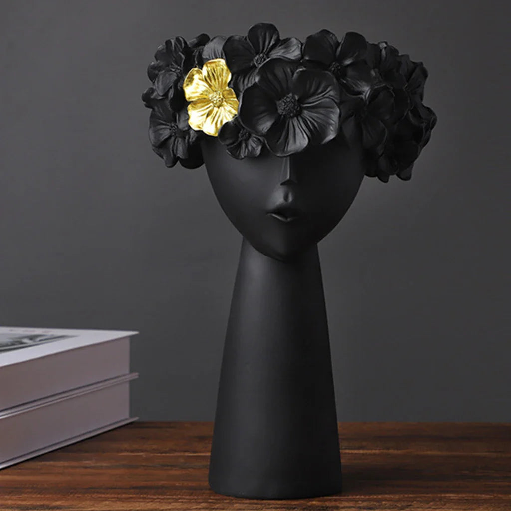 Product Image for Nordic Mädchen Kopf Blume Harz Vase Statue Blume Blumen Vasen für Büro Desktop Trockene Blumen Ornamente Dekor Container, Schwarz