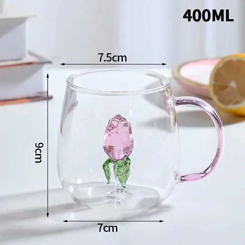 Product Image for 3D kreative Glasbecher transparente Tassen mit Griff Kaffeetasse süße Wasserflaschen hitzebeständige Milchschale beste Festivalgeschenke, S1 Rose 