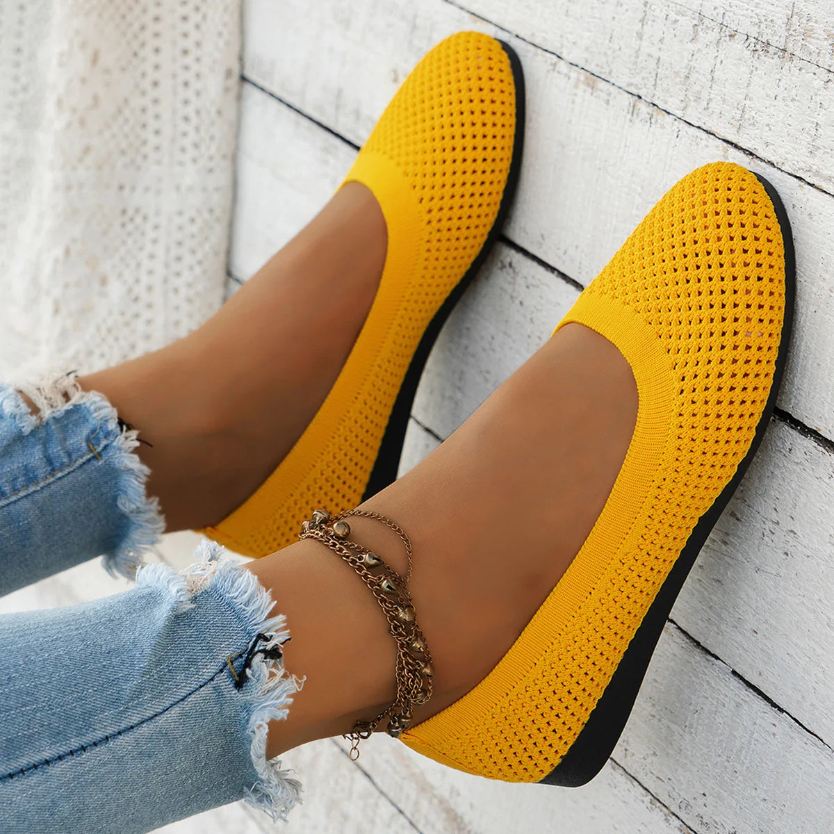Product Image for Frendorf | Frauen Rundzehen-Flachschuhe Einfarbige Strickslippers Legere Atmungsaktive Ballerinas Frauen Flachschuhe Loafers Frauen, Gelb / 41