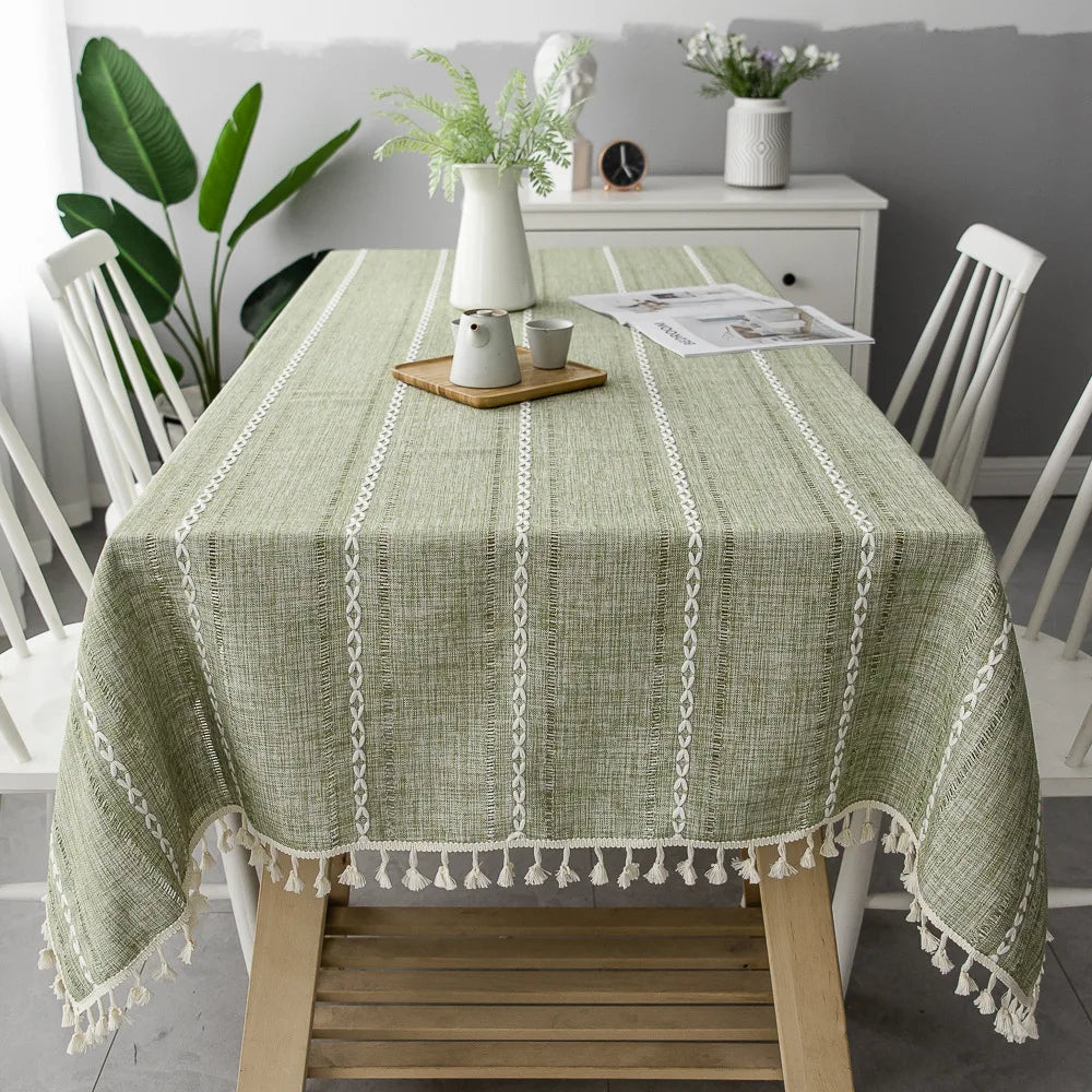 Product Image for TasseledCloth | Klassische gestreifte Tischdecke aus Baumwolle und Leinen, Armeegrün / 110x170cm