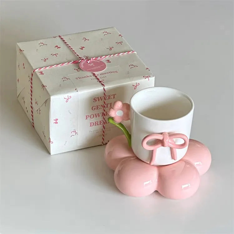 Product Image for Bow Keramiktasse, Rosa Schleife mit rosa Unterteller / 401-500ml