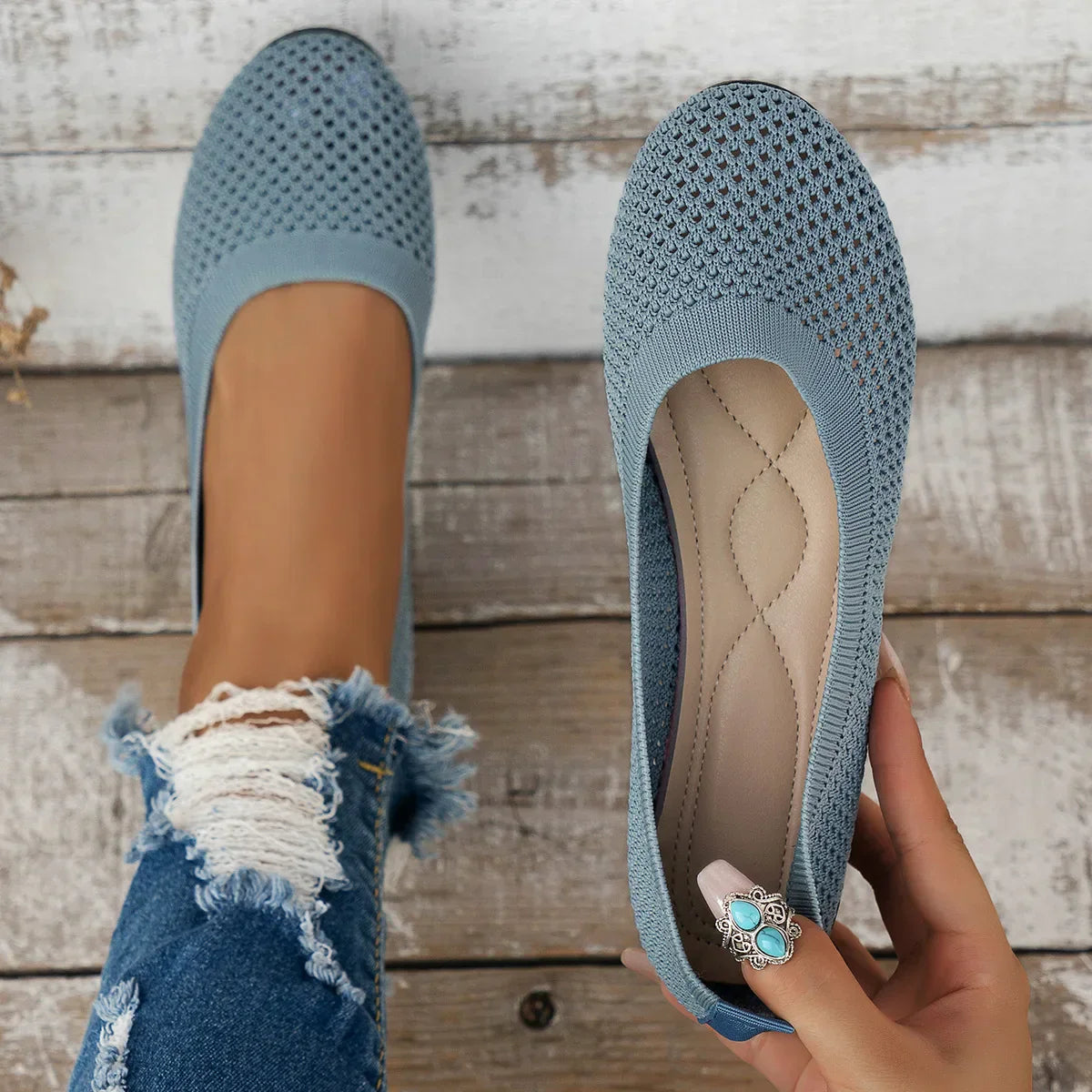 Product Image for Frendorf | Frauen Rundzehen-Flachschuhe Einfarbige Strickslippers Legere Atmungsaktive Ballerinas Frauen Flachschuhe Loafers Frauen, Hellgrau / 36