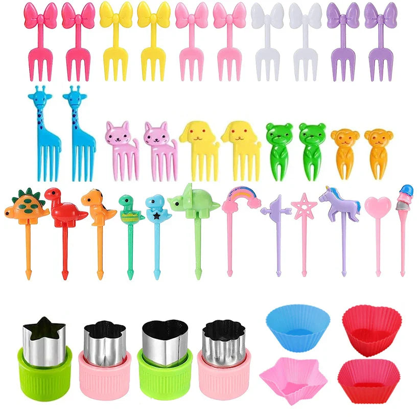 Product Image for Niedliche Mini Lebensmittelspießchen für Kinder: Tier Cartoon Gabeln mit Ausstecher und Silikon Lunchbox Trennwände - Perfekt für Snacks, Kuchen und 