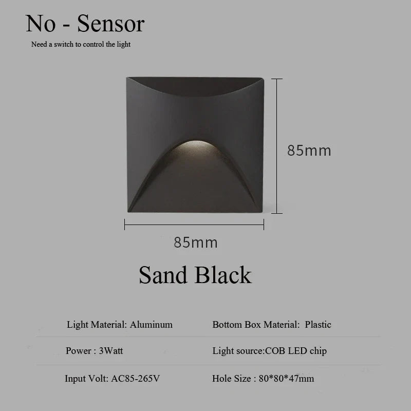 Product Image for Moderne wasserdichte IP65 LED-Einbau-Wandlampe für Außenbeleuchtung - 3W eingebettete Stufen- & Treppenbalcony-Portalschlusslampe, Quadrat - Schwarz /
