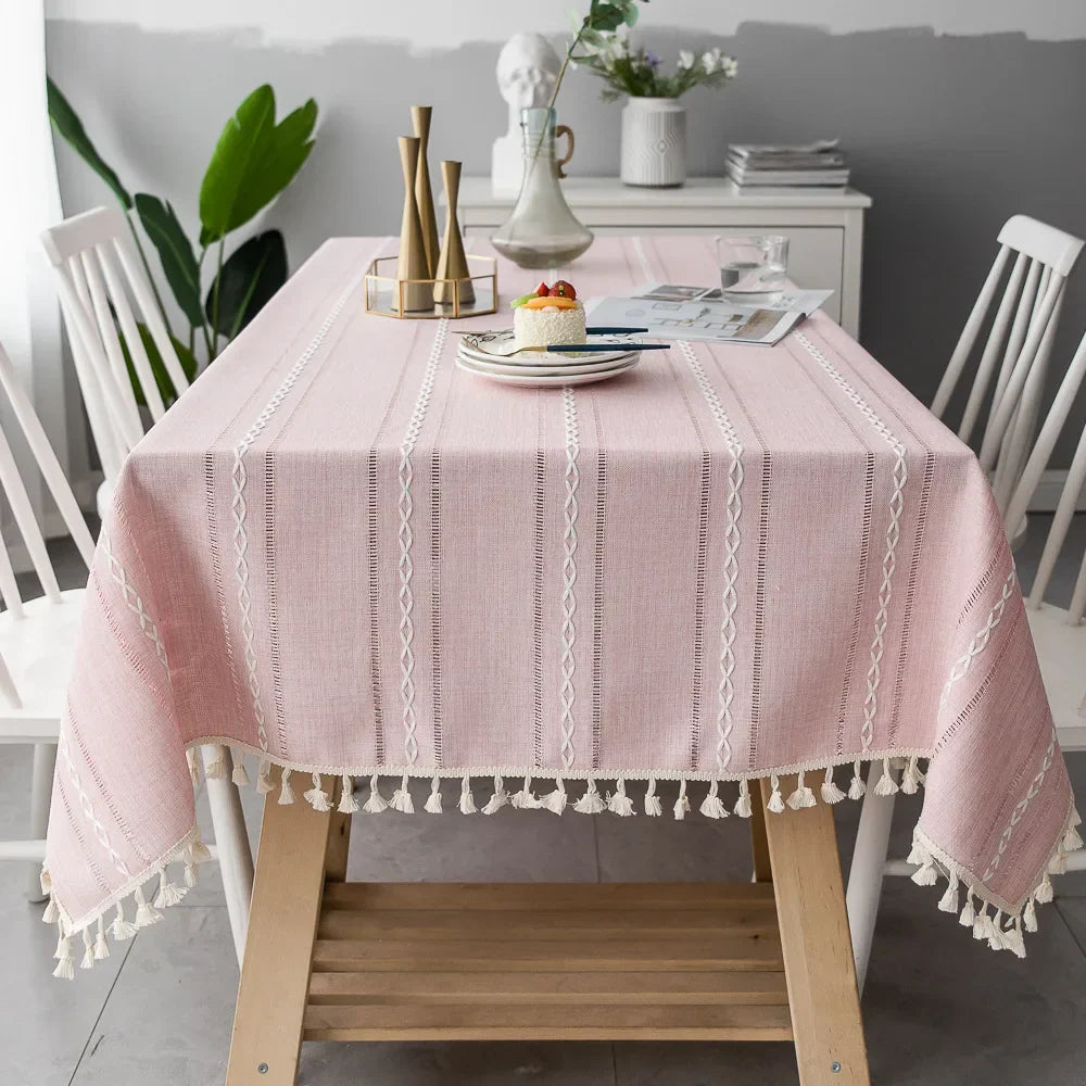 Product Image for TasseledCloth | Klassische gestreifte Tischdecke aus Baumwolle und Leinen, Rosa / 100x160cm