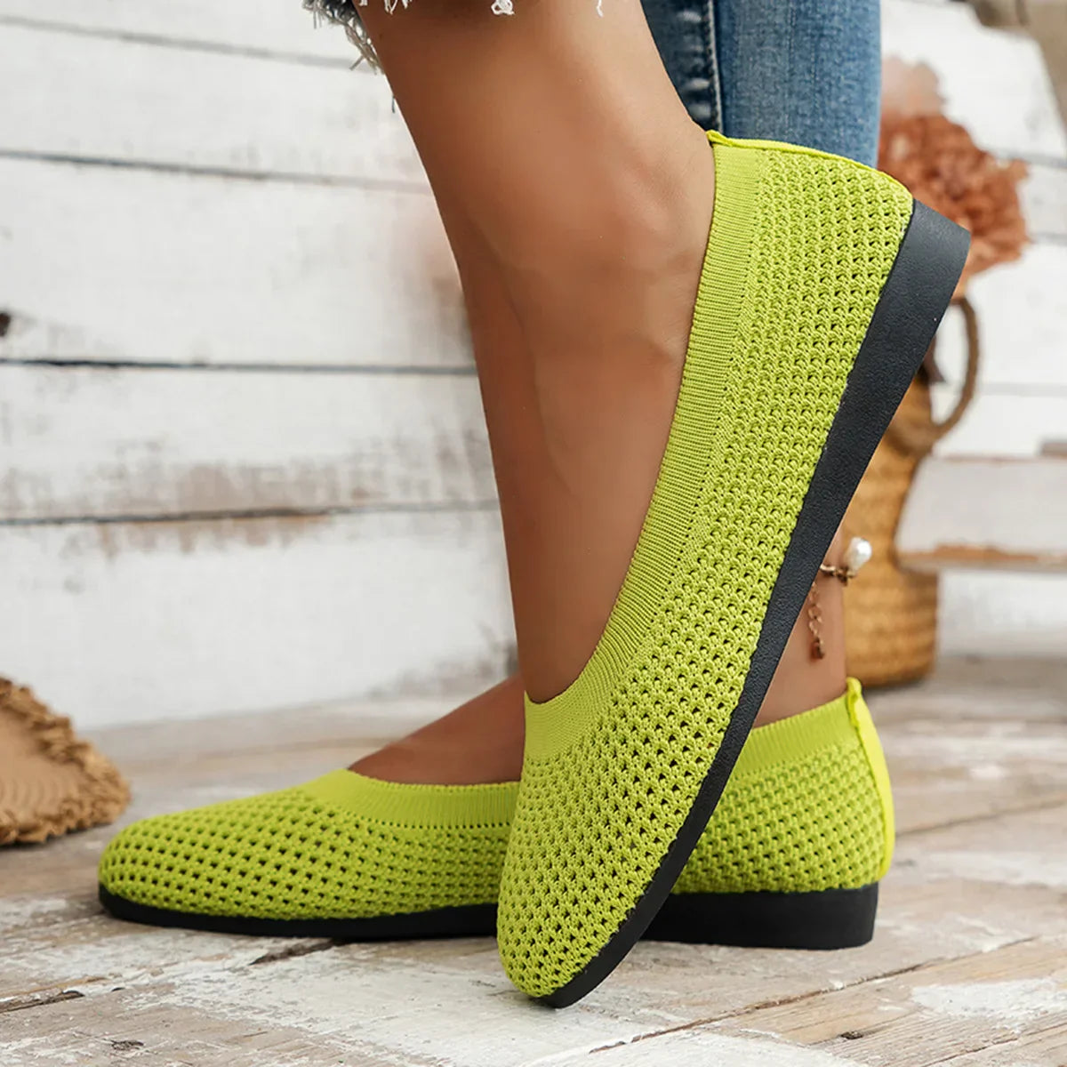 Product Image for Frendorf | Frauen Rundzehen-Flachschuhe Einfarbige Strickslippers Legere Atmungsaktive Ballerinas Frauen Flachschuhe Loafers Frauen, Hellgrün / 41