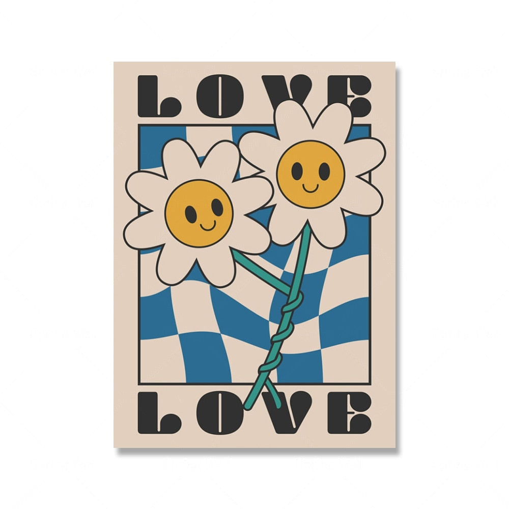 Product Image for Lächelnde lächelnde Blumen Cartoon Poster Retro Groovy 70er Jahre Stil Wandkunst Bilder trendige Hippie Leinwand Malerei Wohnzimmer Dekor, 10 x 15 cm 