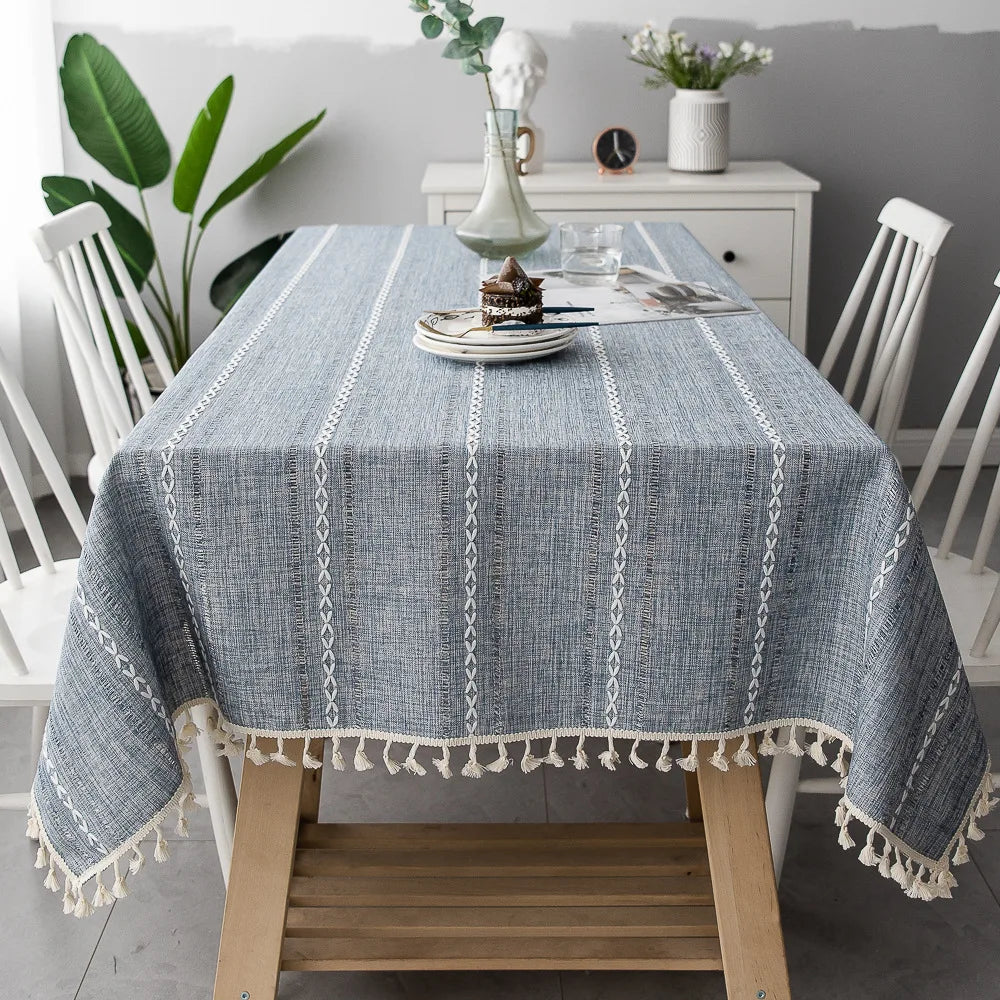 Product Image for TasseledCloth | Klassische gestreifte Tischdecke aus Baumwolle und Leinen, Graublau / 90x90cm