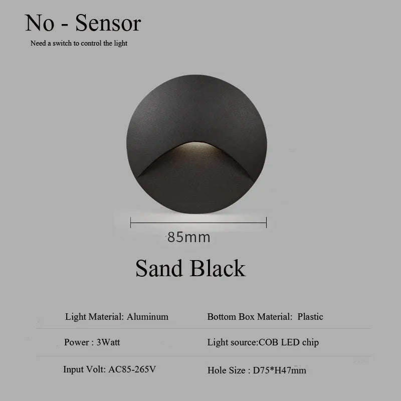 Product Image for Moderne wasserdichte IP65 LED-Einbau-Wandlampe für Außenbeleuchtung - 3W eingebettete Stufen- & Treppenbalcony-Portalschlusslampe, Rund - Schwarz / 