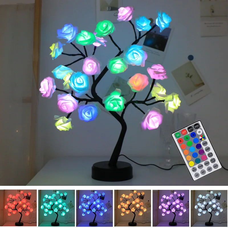 Product Image for RGB Rose Blume Baum Lichter 24LED USB Batterie Tischlampe Feen Nachtlicht Zuhause Party Weihnachten Hochzeit Schlafzimmer Dekoration Geschenk, 16 