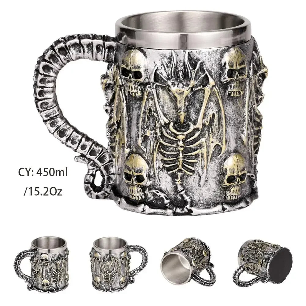 Product Image for Mittelalterlicher Drachenharz-Edelstahlbecher als Kaffeebecher oder Teebecher, Silberner Totenkopfdrache / 600ml