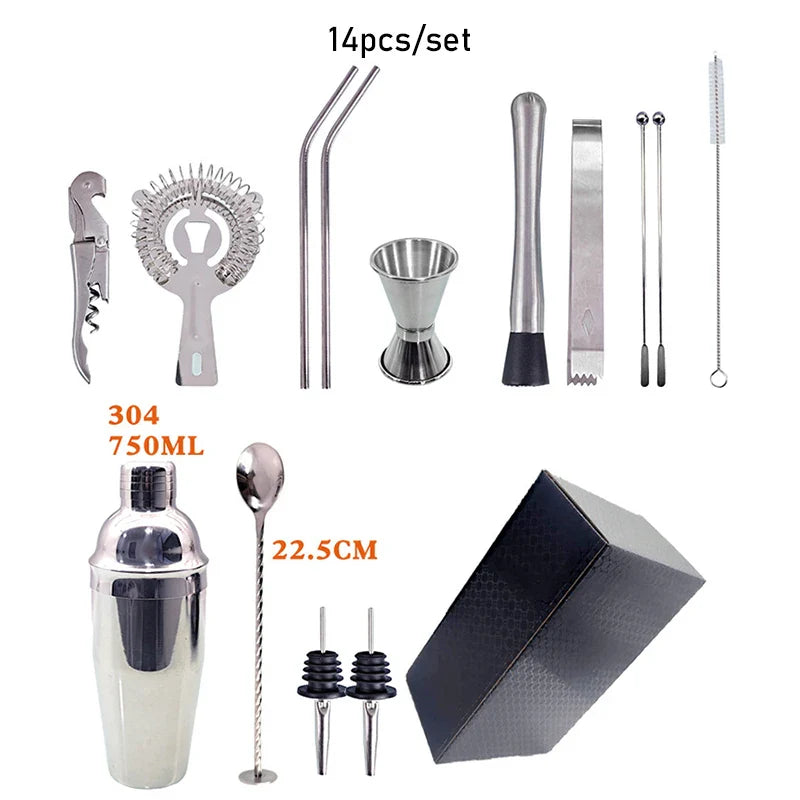 Product Image for 550 ml/750 ml Edelstahl Cocktail Shaker Mixer Trinken Barkeeper Set Bars Set Werkzeuge Mit Wein Regal Ständer Werkzeug für Geburtstag Geschenk, 14 