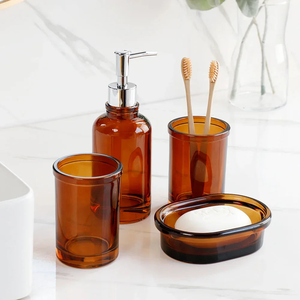 Product Image for Frendorf | AquaSet Glas Badezimmer-Set | 4-teilig | Elegantes Apotheker-Design | Seifenspender, Zahnbürstenhalter & Zubehör