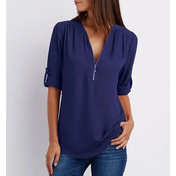 Product Image for Frendorf | Plus Größe Lose 3/4 Ärmel Reißverschluss Bluse, Dunkelblau / XXL