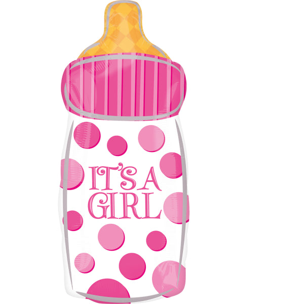 pink and white baby bottle shaped It's a girl balloon