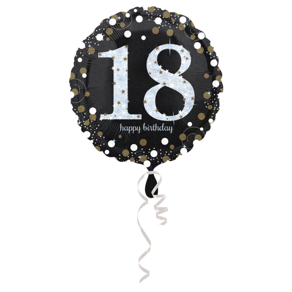 black sparkling round 18 Happy Birthday balloon