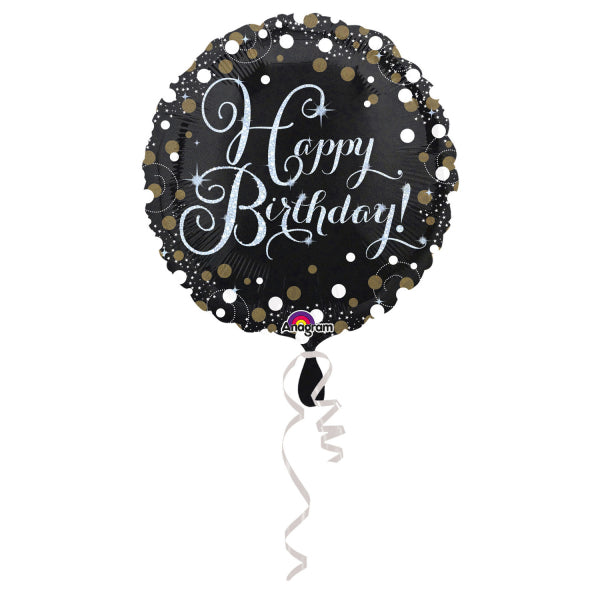 black sparkling round Happy Birthday balloon