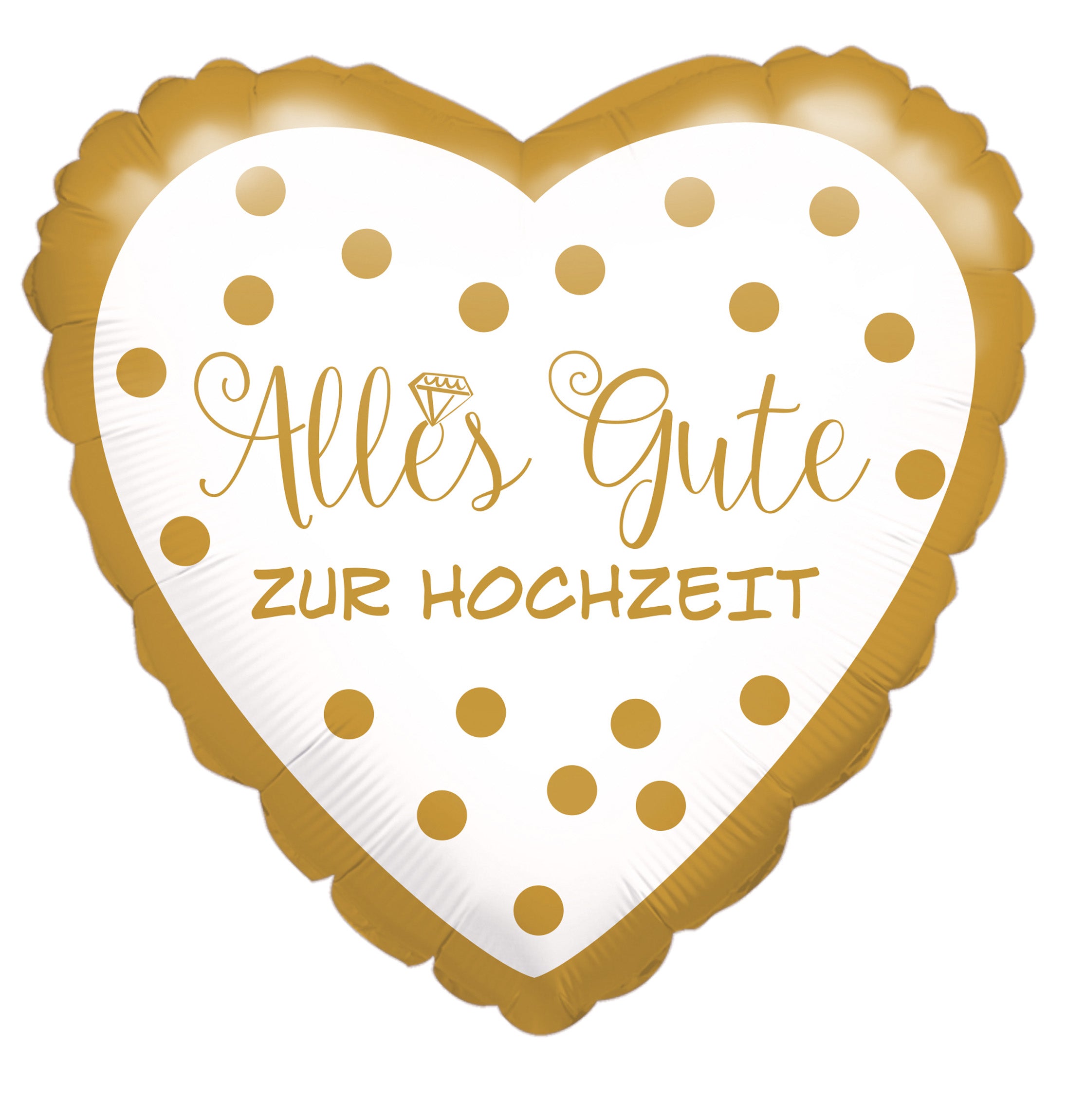 gold and white heart shaped "Alles Gute zur Hochzeit" balloon
