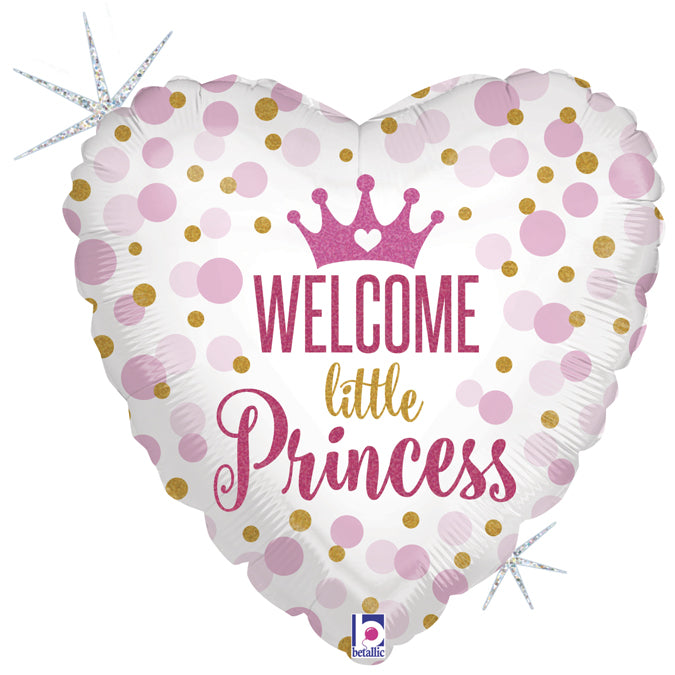 heart shaped welcome little princess baby balloon with light pink and gold glitter dots