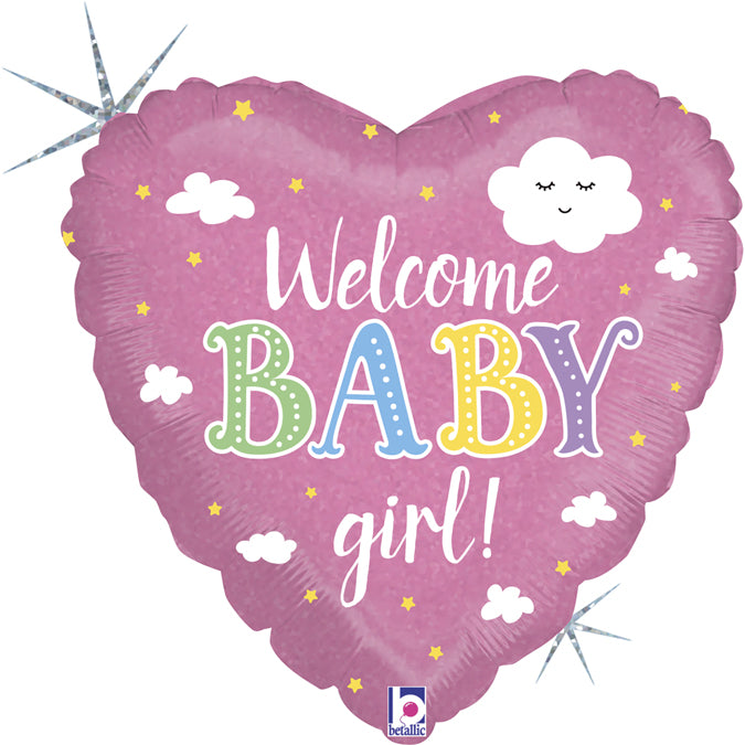 pink heart shaped welcome baby girl balloon