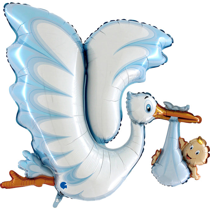 white and blue stork shaped balloon with baby