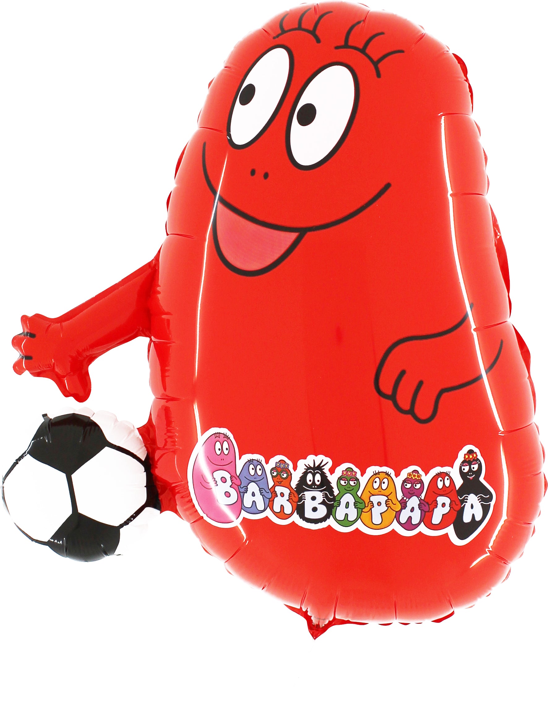 red barbapapa shaped balloon with soccer ball