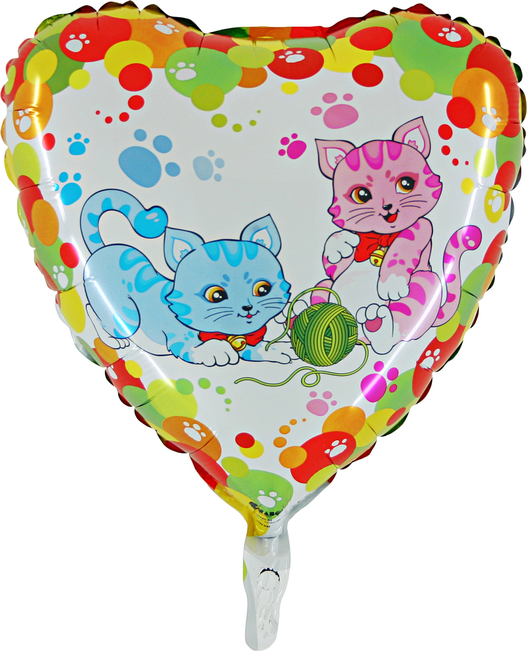 colorful heart shaped balloon with blue and pink cats