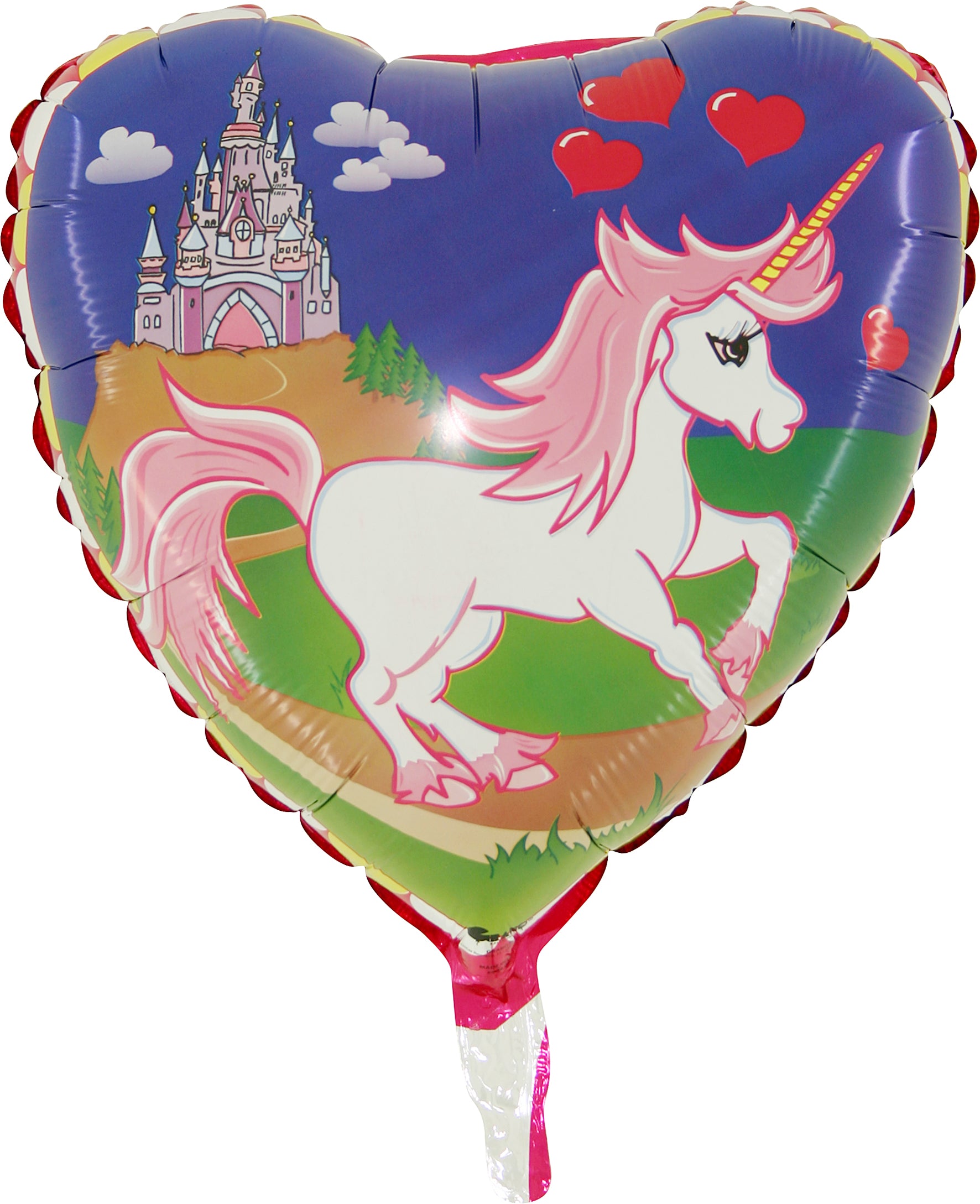 colorful heart shaped balloon with unicorn and castle