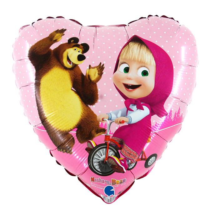 light pink heart shaped Masha and the bear balloon