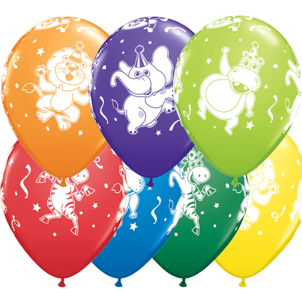 orange, purple/violet, lime green, red, blue, green and yellow balloon with party animals