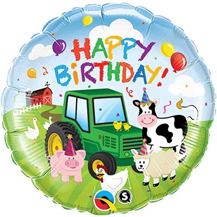 round happy birthday balloon with barnyard