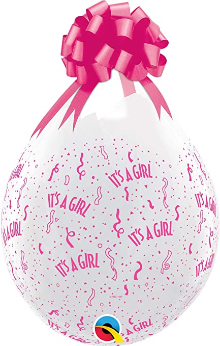 white and pink drop shaped It's a girl stuffing balloon with gift ribbon